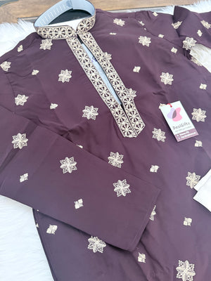 Men’s Plum Purple Shade Embroidered Kurta Pajama Set | Open Neck Kurta with Ivory Trouser Pants | Indian Wedding & Festive Wear, KP-4071