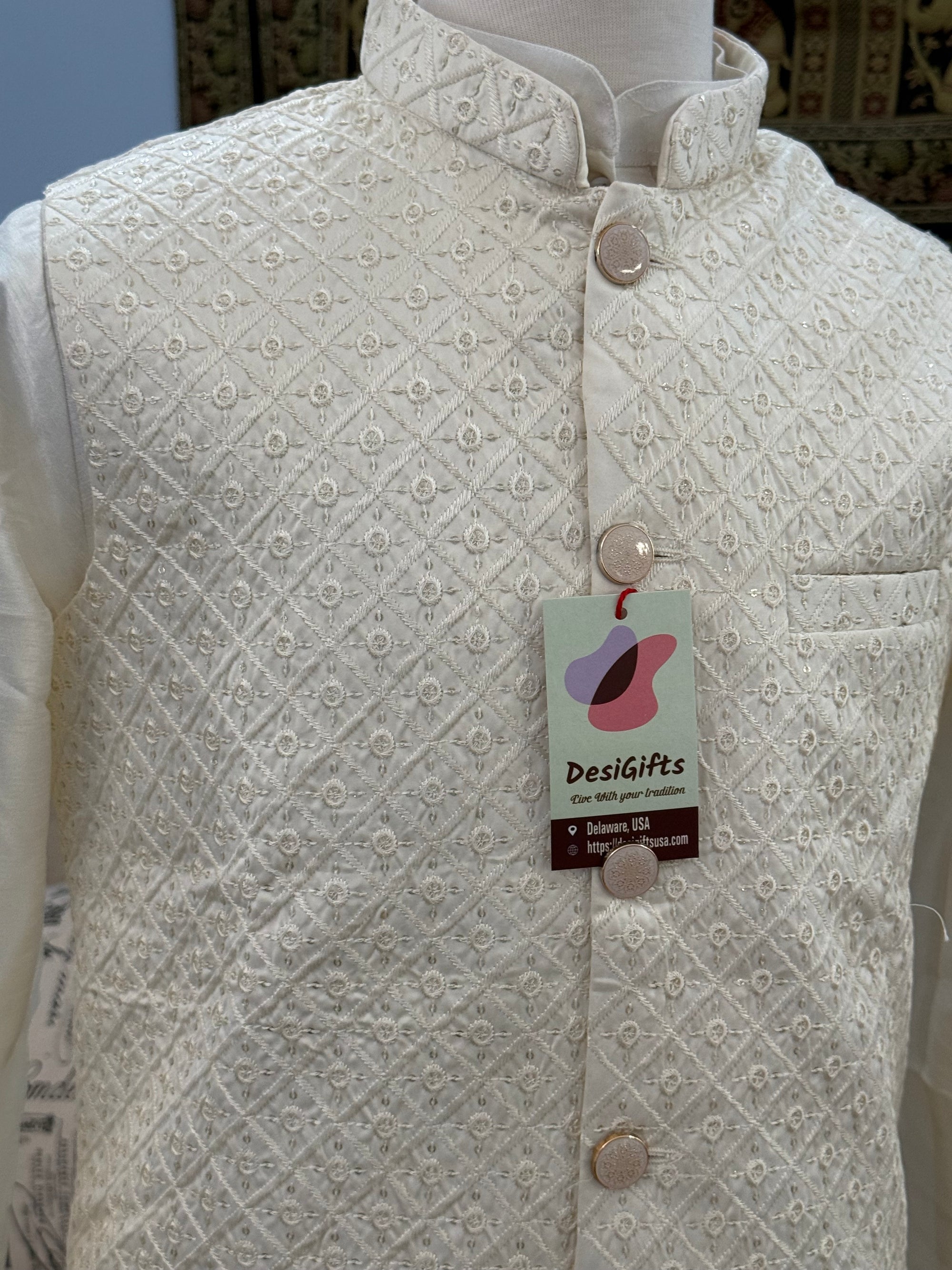 3 Piece Cream Kurta Pajama, Pant Style, with Embroidered Sequins Jacket Set-Silk Fabric, JKP- 1926)