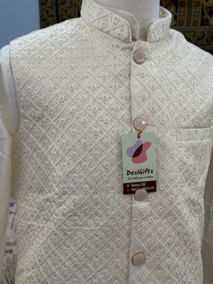 3 Piece Cream Kurta Pajama, Pant Style, with Embroidered Sequins Jacket Set-Silk Fabric, JKP- 1926)