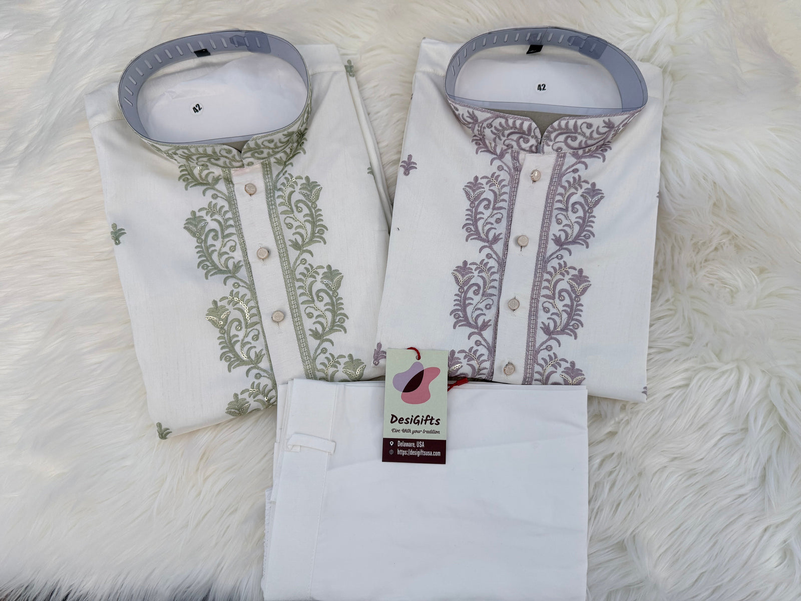 Size 42 (L), Men's Off-White Embroidered Kurta Pajama Set – Sage Green & Dusty Lavender | Indian Wedding & Festive Wear| KP-4067