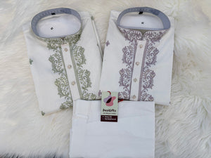 Size 42 (L), Men's Off-White Embroidered Kurta Pajama Set – Sage Green & Dusty Lavender | Indian Wedding & Festive Wear| KP-4067