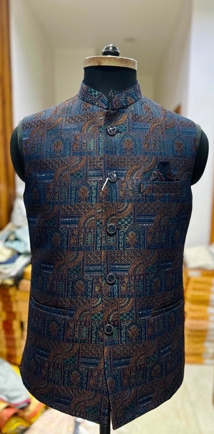 Men’s Navy Blue Brocade Nehru Jacket – Multicolor Woven Design Indian Wedding Waistcoat, Festive Modi Jacket, J-3090
