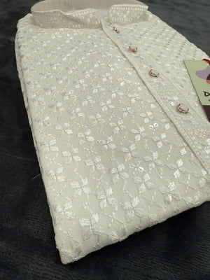 White Chikankari Shirt-Style Short Kurta with Sequins – Ethnic Casual Kurta, SK - 1936