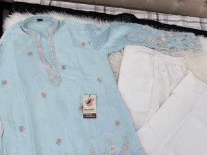 Men’s SkyBlue Shorter Kurta with Parallel Pants | Floral Embroidery Kurta Pajama Set | Indo-Western Wedding & Festive Kurta Set, KP - 4065