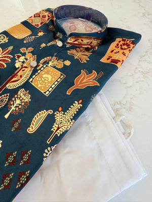 Blue Shade Boy's Cotton Blended with Print Designer Dress - Design BOY-2007