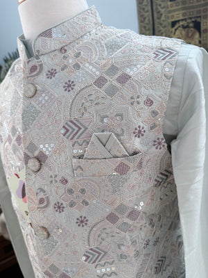 Men’s Pale Sage Green 3-Piece Kurta Pajama with Premium Embroidered Jacket, Wedding & Festive Ethnic Wear, KPJ-3078