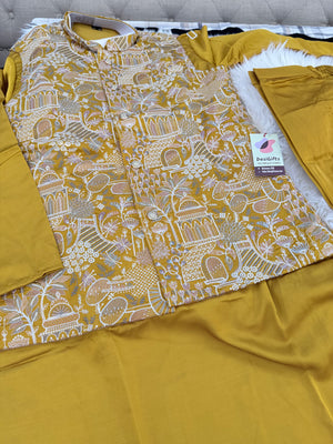 Festive Men’s 3-Piece Mustard Yellow Shade Kurta Pajama with Embroidered Sequins Jacket, Silk Ethnic Wear for Wedding & Festive, KPJ-4053