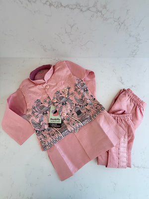 PInk Shade 4 Piece Boy's Cotton  Silk Ethnic Kurta with Jacket, Dhoti and Pajama- Design B-2004