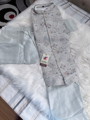 Men’s Pale Sage Green 3-Piece Kurta Pajama with Premium Embroidered Jacket, Wedding & Festive Ethnic Wear, KPJ-3078