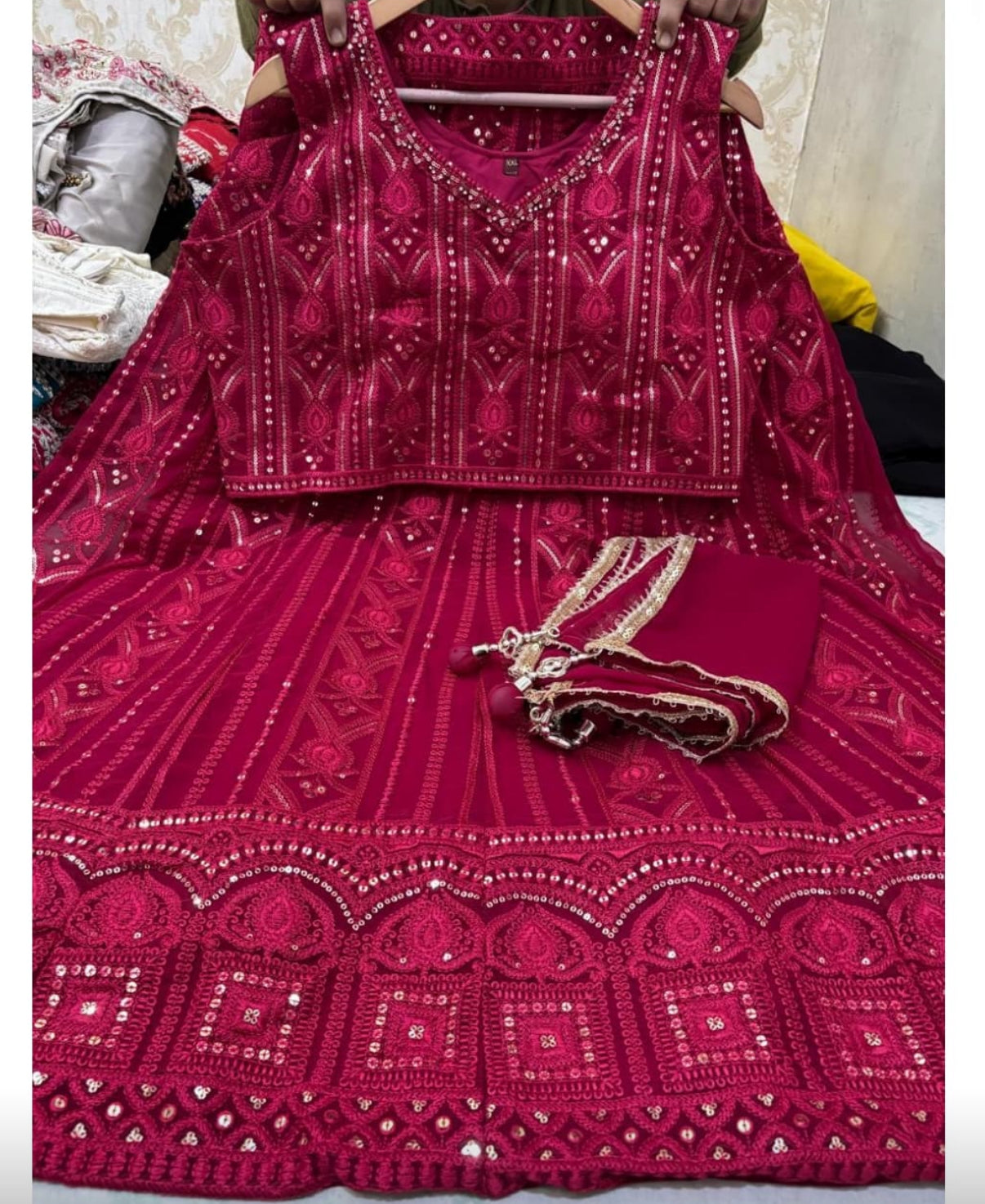 Size 2XL, Red Heavy Embroidery Georgette  Lehenga Choli 3 Pieces Ethnic Wear for Girls, Design LHG - 1975