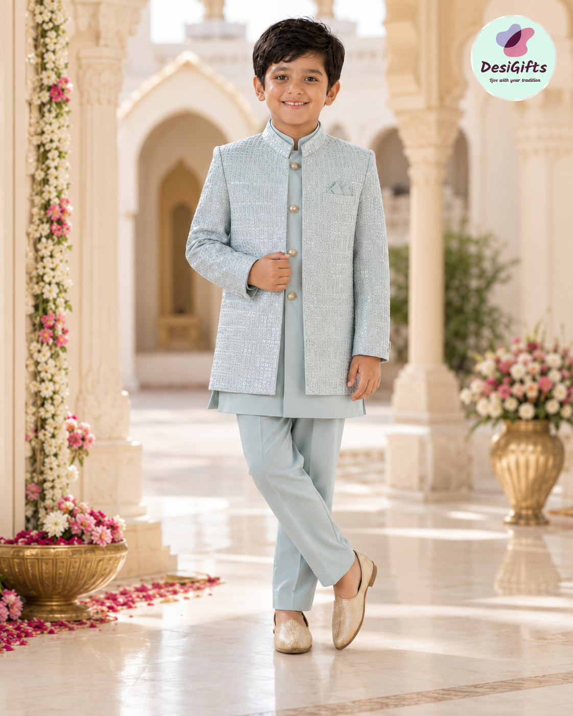 Boy's GreenSky blue Shade Cotton Silk 3 Piece Indo Western Outfit,  Embroidered  Sequins Long Jacket with Pant , Boy's Sherwani Dress - B-3052