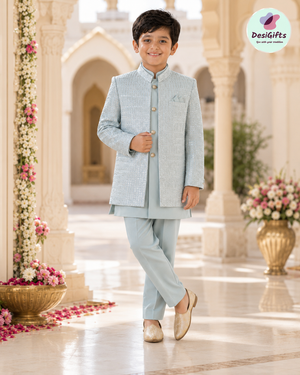 Boy's GreenSky blue Shade Cotton Silk 3 Piece Indo Western Outfit,  Embroidered  Sequins Long Jacket with Pant , Boy's Sherwani Dress - B-3052