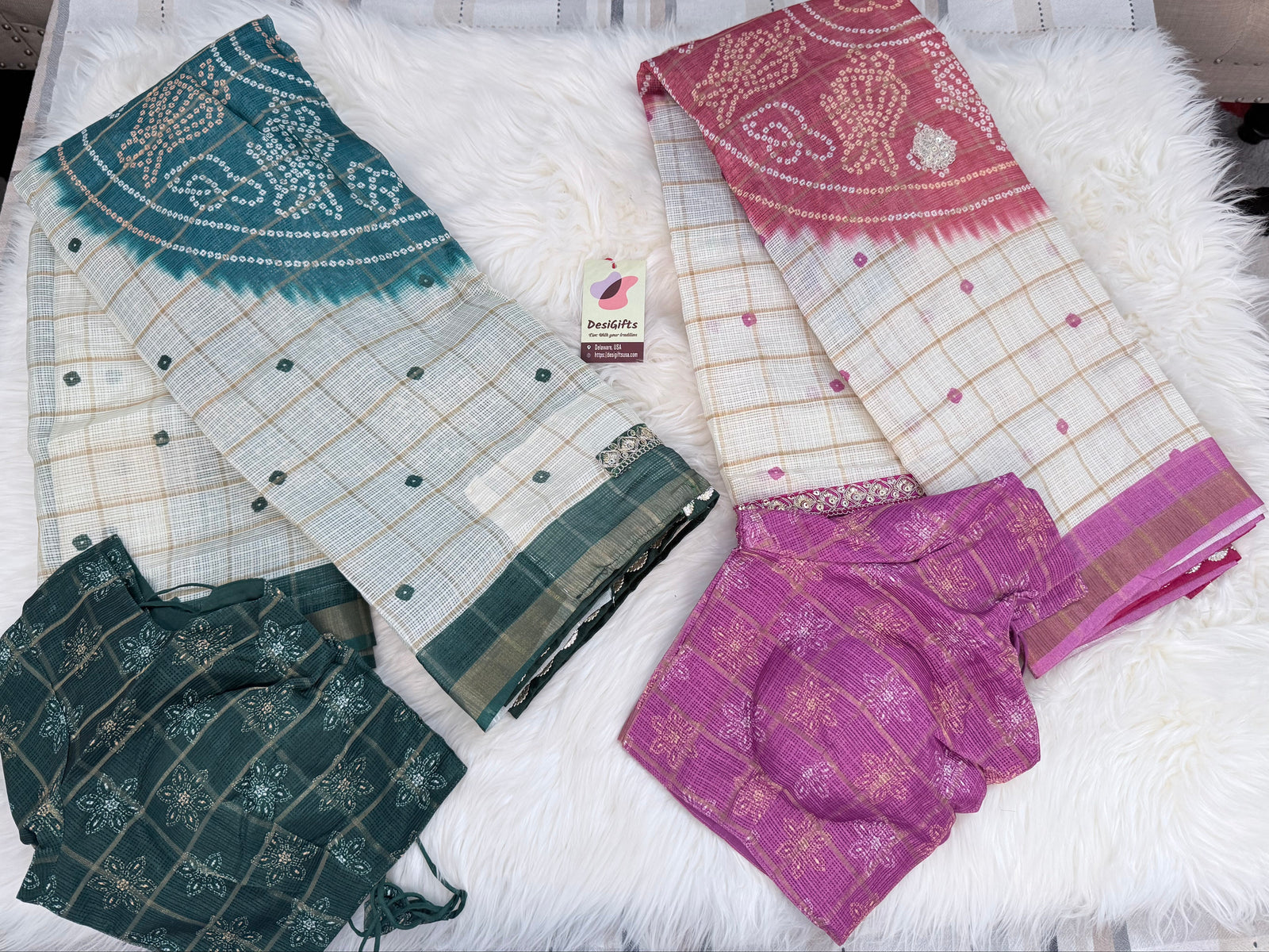 Linen Silk Blend Saree with Bandhani Style Print & Embellished Border, Indian Wedding Festive Saree with Stitched Blouse, S- 3093