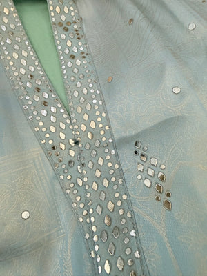 Men’s Mint Green Shorter Kurta with Parallel Pants | Gold Embellished Jacquard Kurta Pajama Set | Indo-Western Wedding & Festive Kurta Set, KP - 4043
