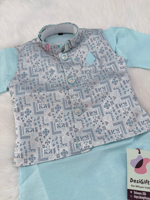 Skyblue Shade 3 Piece Boy's Cotton  Silk Ethnic Kurta with Jacket, and Pajama- Design B-2010