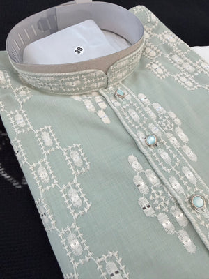 Men’s Sage Green Embroidered Kurta Pajama Set | White Thread & Sequin Work | Traditional Indian Wedding & Festive Wear, KPS-4028