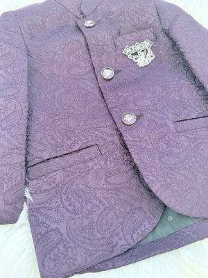 Boys Plum Purple Jacquard Indo-Western Suit Set | Paisley Bandhgala Jacket with Matching Pants | Wedding & Festive Wear- B-4050