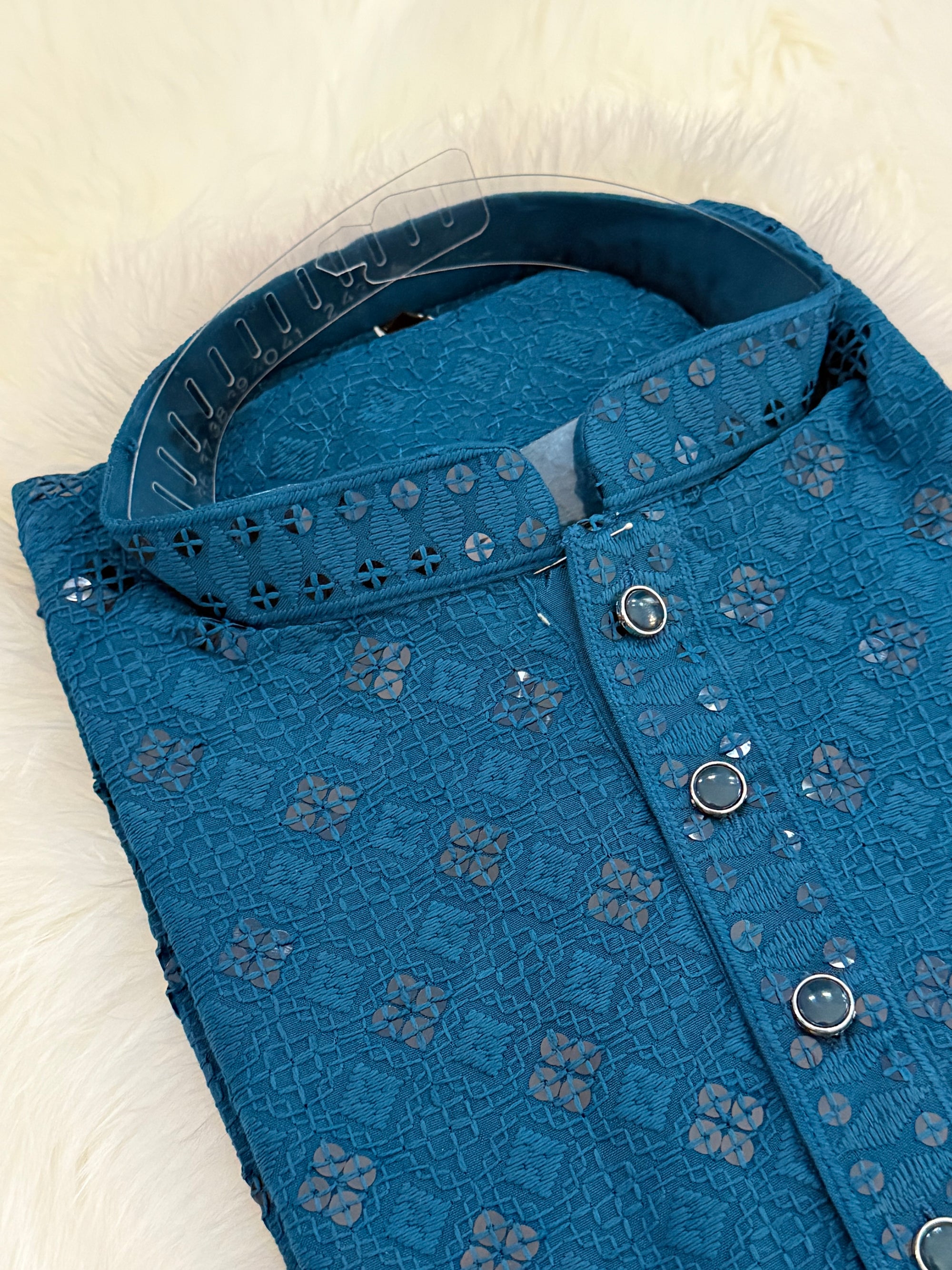 Teal Shade Chikankari Shirt-Style Short Kurta with Sequins – Ethnic Casual Kurta, SK - 1934