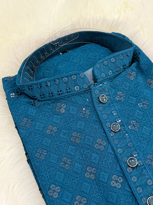 Teal Shade Chikankari Shirt-Style Short Kurta with Sequins – Ethnic Casual Kurta, SK - 1934