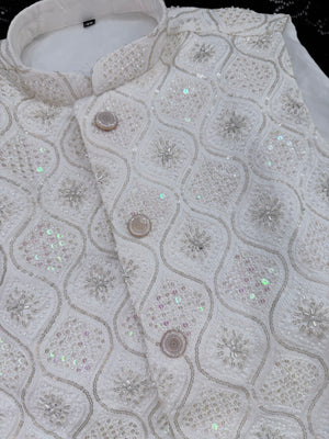 Luxury Cream Bead & Sequin Embroidered Nehru Jacket for Men – Heavy Thread Work Wedding Waistcoat | J-3034