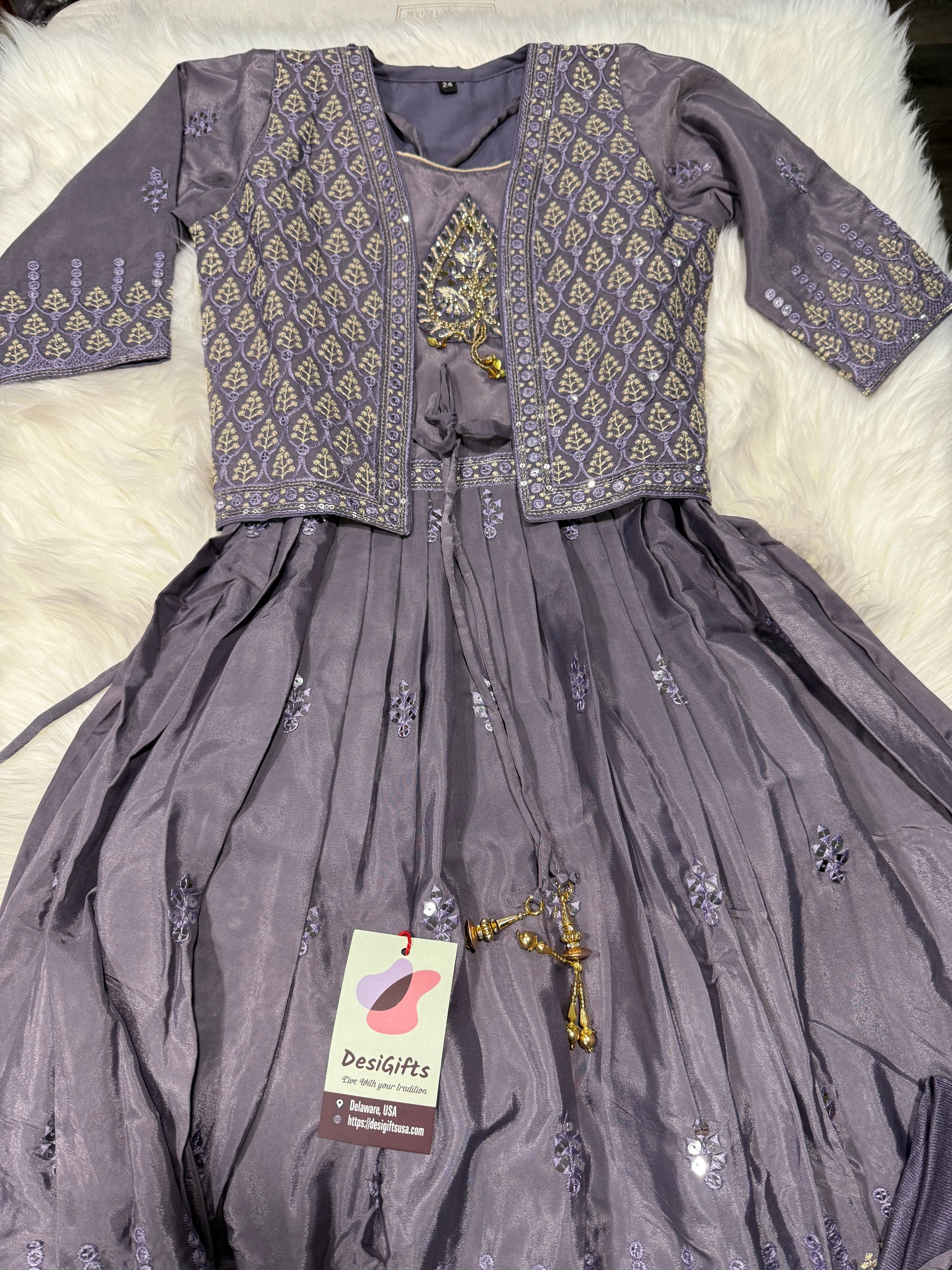 Classic Pastel Purple Dress with Jacket & Dupatta Set for Girl, Indian traditional Girl Dress, GRL - 1946