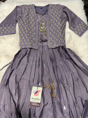 Classic Pastel Purple Dress with Jacket & Dupatta Set for Girl, Indian traditional Girl Dress, GRL - 1946