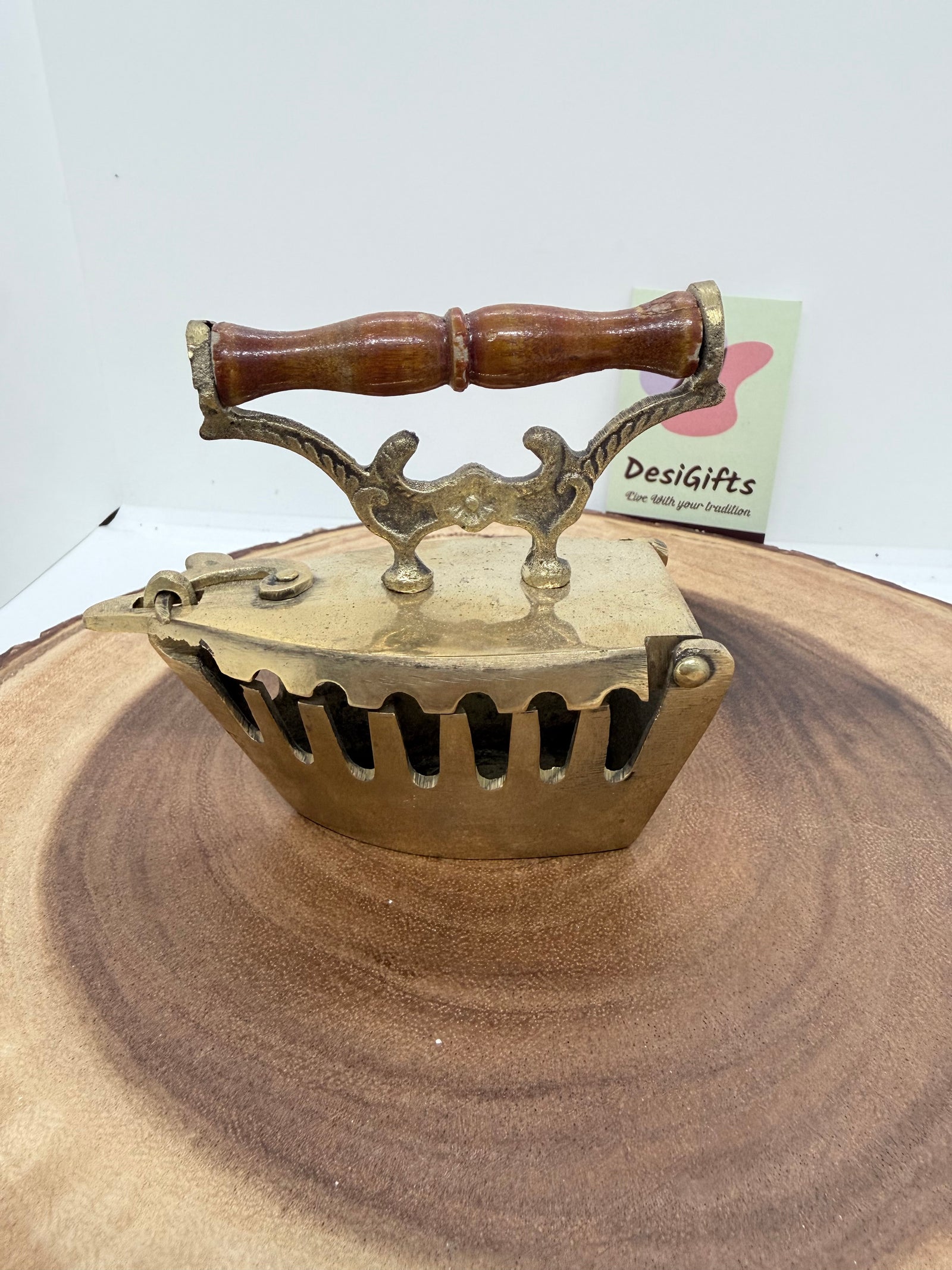 Vintage Brass Coal Iron with Wooden Handle – Decorative Collectible set, Iron - 3038