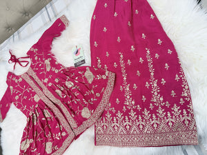 Girls Rani Pink Embroidered Sharara Suit Set with Dupatta, Indian Ethnic Party Wear for Weddings & Festivals,GRL-3002
