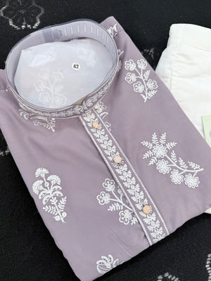 Men's Dusty Lavender Embroidered Kurta Pajama Set – Traditional Indian Ethnic Wear for Weddings & Festivals, KPS-3009
