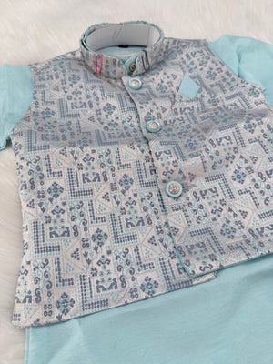 Skyblue Shade 3 Piece Boy's Cotton  Silk Ethnic Kurta with Jacket, and Pajama- Design B-2010