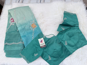 Soft Silk Blend Saree with Floral Embroidery, Ombre Effect | Stitched Blouse Included | Fall & Pico Done | Wedding, Festive & Party Wear, S- 3082