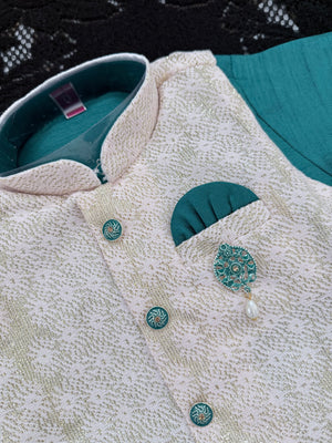 Kids Teal Green Kurta Dhoti and Pajama Set with Cream Sparkle Jacket, Boys Ethnic Wear, Festive Wedding Outfit B-2020