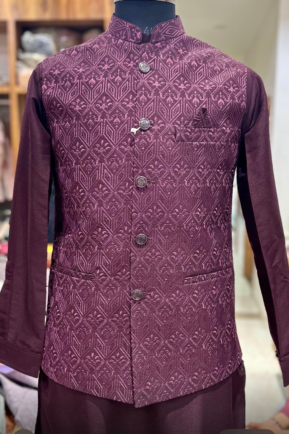 Men’s Wine 3-Piece Kurta Pajama with Pant Style Bottom & Embroidered Jacket, Silk Ethnic Wear, TPKP-2030