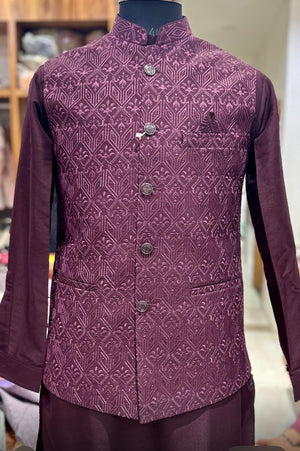 Men’s Wine 3-Piece Kurta Pajama with Pant Style Bottom & Embroidered Jacket, Silk Ethnic Wear, TPKP-2030