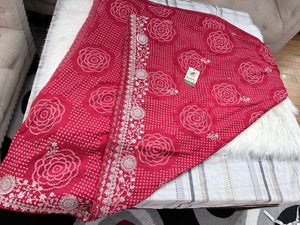 Women’s Deep Rani Pink Bandhani Style Saree with Silver Embroidery & Stitched Blouse, Festive Wedding Indian Saree, S- 3096