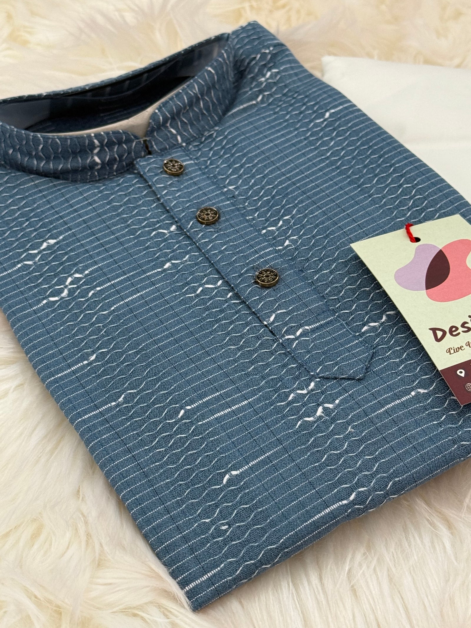 Teal Blue Shade Boy's Soft Cotton Silk Embroidered Kurta Pajama - Design BOY-1919