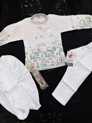 Boys 3 Piece White Silk Blend Indian Dress Set with Sherwani Kurta, Dhoti & Pajama – Ethnic Wedding and Festive Outfit B-2023