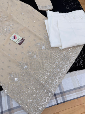 Men’s Champagne Beige Embroidered Kurta with with Parallel Pants | Textured Silk Blend Wedding Kurta Pajama Set | Festive Indian Ethnic Wear, KP - 4046