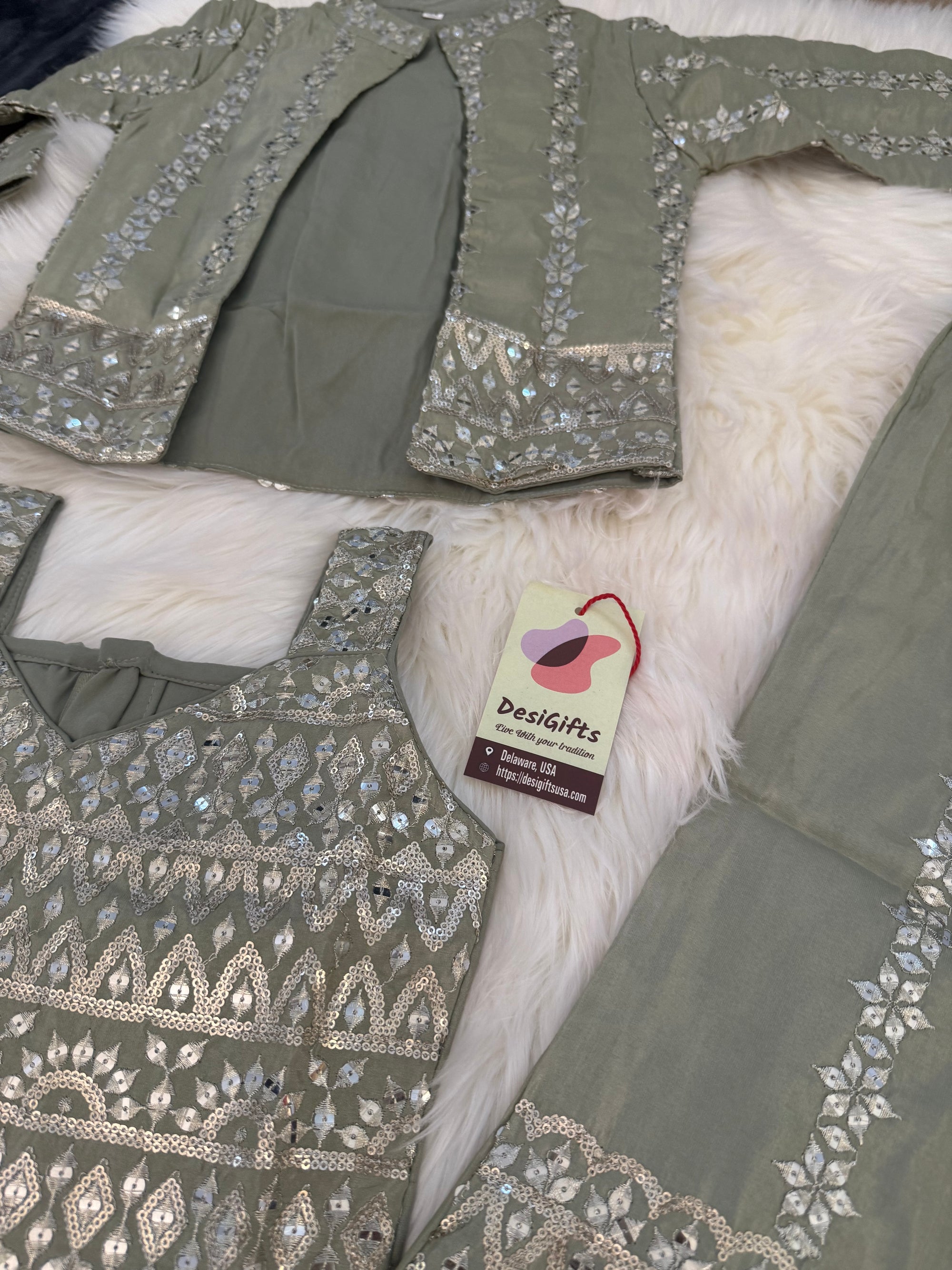 Classy Sequins Work Top with Jacket, Pant Style Set for Girl in Pista Green Shade, Indian traditional Girl Dress, GRL - 1894