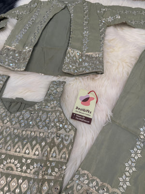 Classy Sequins Work Top with Jacket, Pant Style Set for Girl in Pista Green Shade, Indian traditional Girl Dress, GRL - 1894