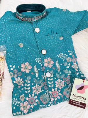 Baby Boys 3 Piece Teal Blue Silk Blend Indian Dress Set with Sherwani Kurta, Dhoti & Pajama – Ethnic Wedding and Festive Outfit, B-4062