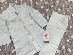 Boy's GreenSky blue Shade Cotton Silk 3 Piece Indo Western Outfit,  Embroidered  Sequins Long Jacket with Pant , Boy's Sherwani Dress - B-3052