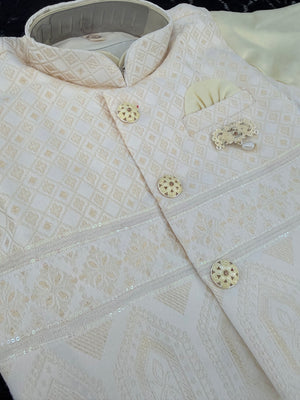 Boys Light Lemon Yellow Kurta Pajama Set with Geometric Self Design Jacket | Dhoti and Pajama | Indian Wedding Festive Ethnic Wear for Kids, B-4056
