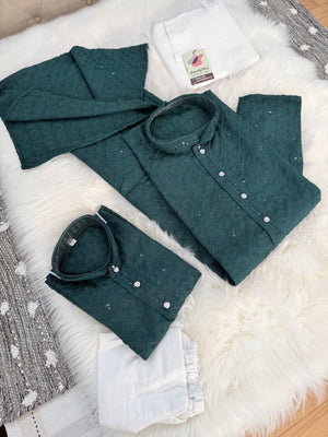 Men & Boys Green Rayon Chikankari with Sequins Kurta Pajama Set | Matching Father Son Festive Outfit with Sequin Work, DM -2078