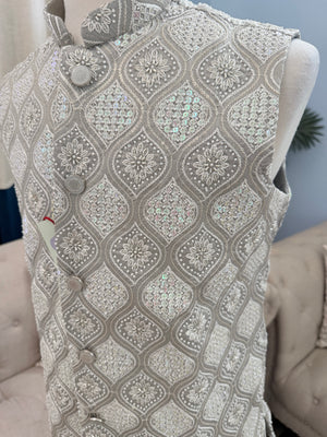Luxury Gray Bead & Sequin Embroidered Jacket for Men – Heavy Thread Work Wedding Waistcoat | J-3033