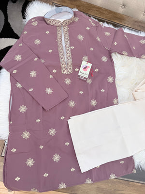 Men’s Onion Shade Embroidered Kurta Pajama Set | Open Neck Kurta with Ivory Trouser Pants | Indian Wedding & Festive Wear, KP-4068