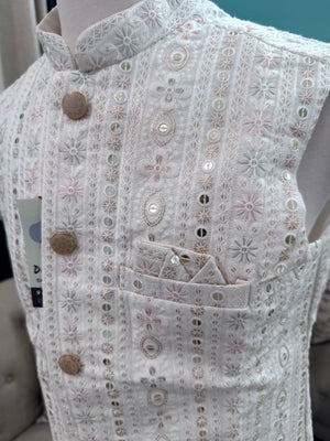 Festive White Ethnic Jacket for Men – Pastel Thread Embroidery with Sequins – Heavy Thread Work Wedding Waistcoat | J-3032