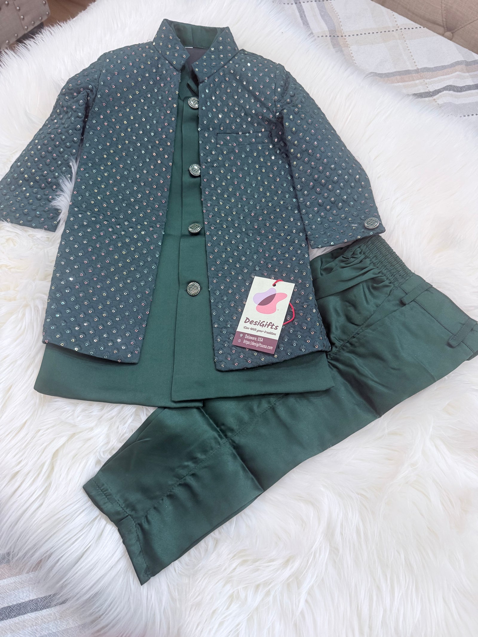 Boy's Pine Green Shade Cotton Silk 3 Piece Indo Western Outfit,  Embroidered  Sequins Long Jacket with Pant , Boy's Sherwani Dress - B-3051