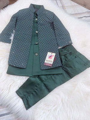 Boy's Pine Green Shade Cotton Silk 3 Piece Indo Western Outfit,  Embroidered  Sequins Long Jacket with Pant , Boy's Sherwani Dress - B-3051