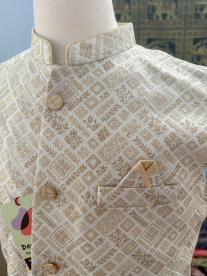Men’s Light Beige Brocade Nehru Jacket – Blended Silk Indian Sadri, Festive Wedding Waistcoat, Ethnic Modi Jacket, J-3075